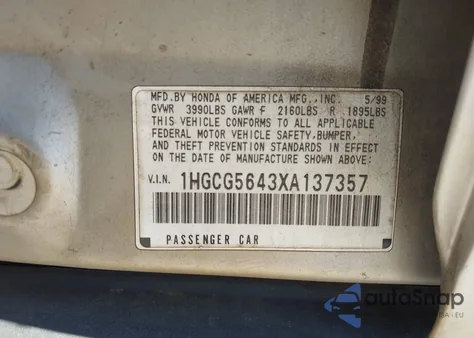 1999 Honda Accord Lx из США, поврежденный, VIN 1HGCG5643XA137357